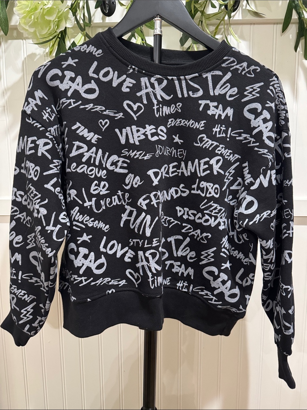 #814 ZARA Black Crewneck Sweatshirt with White Graffiti Print